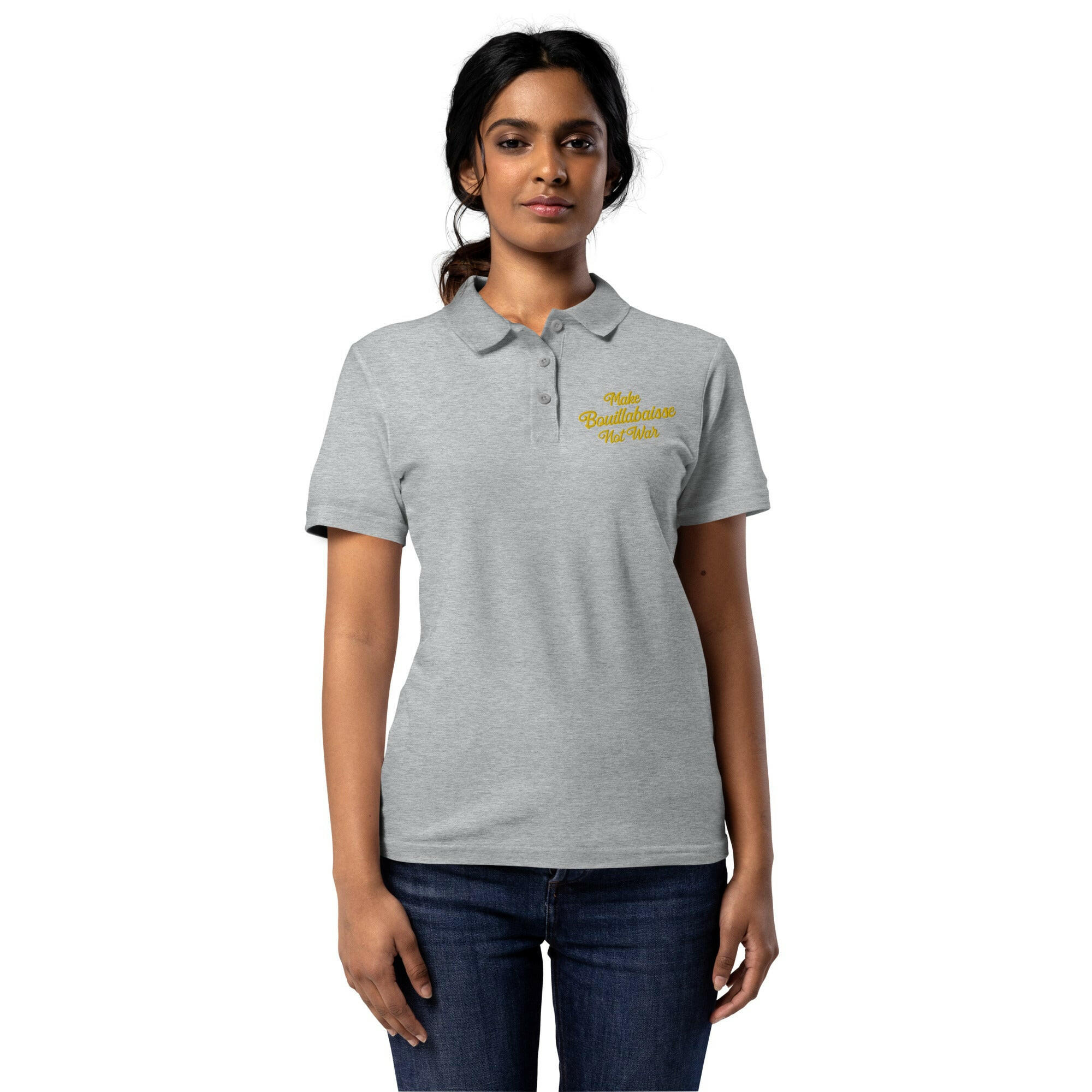 Women’s pique polo shirt Make Bouillabaisse Not War embroidered pattern