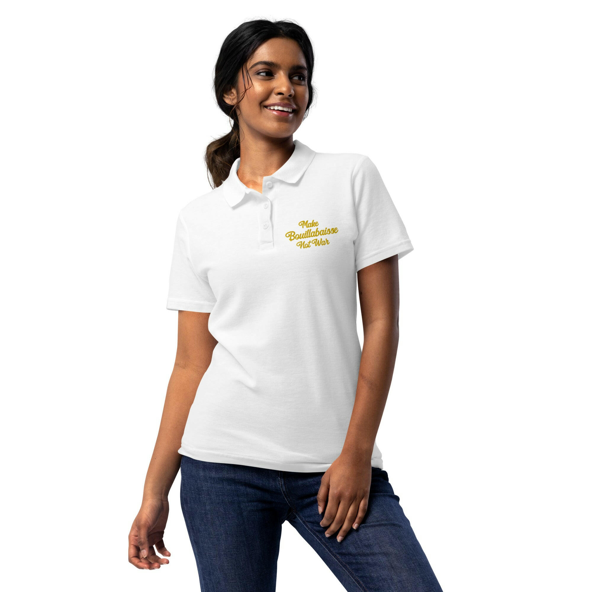 Women’s pique polo shirt Make Bouillabaisse Not War embroidered pattern