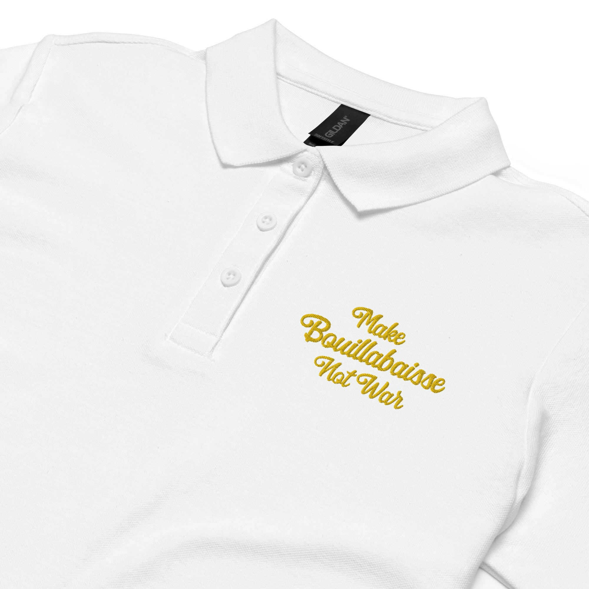 Women’s pique polo shirt Make Bouillabaisse Not War embroidered pattern