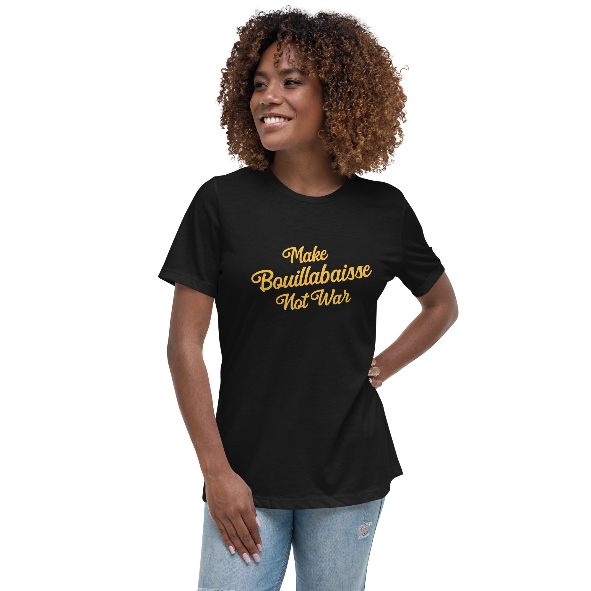 T-shirt décontracté pour Femme Make Bouillabaisse Not War grand motif imprimé