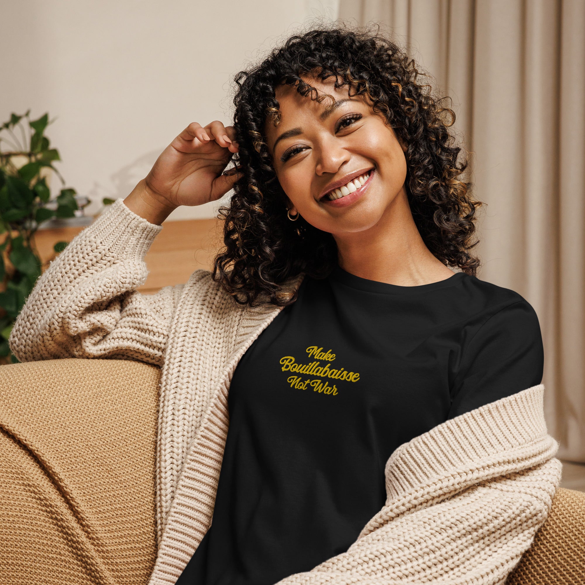 Women's Relaxed T-Shirt Make Bouillabaisse Not War embroidered pattern