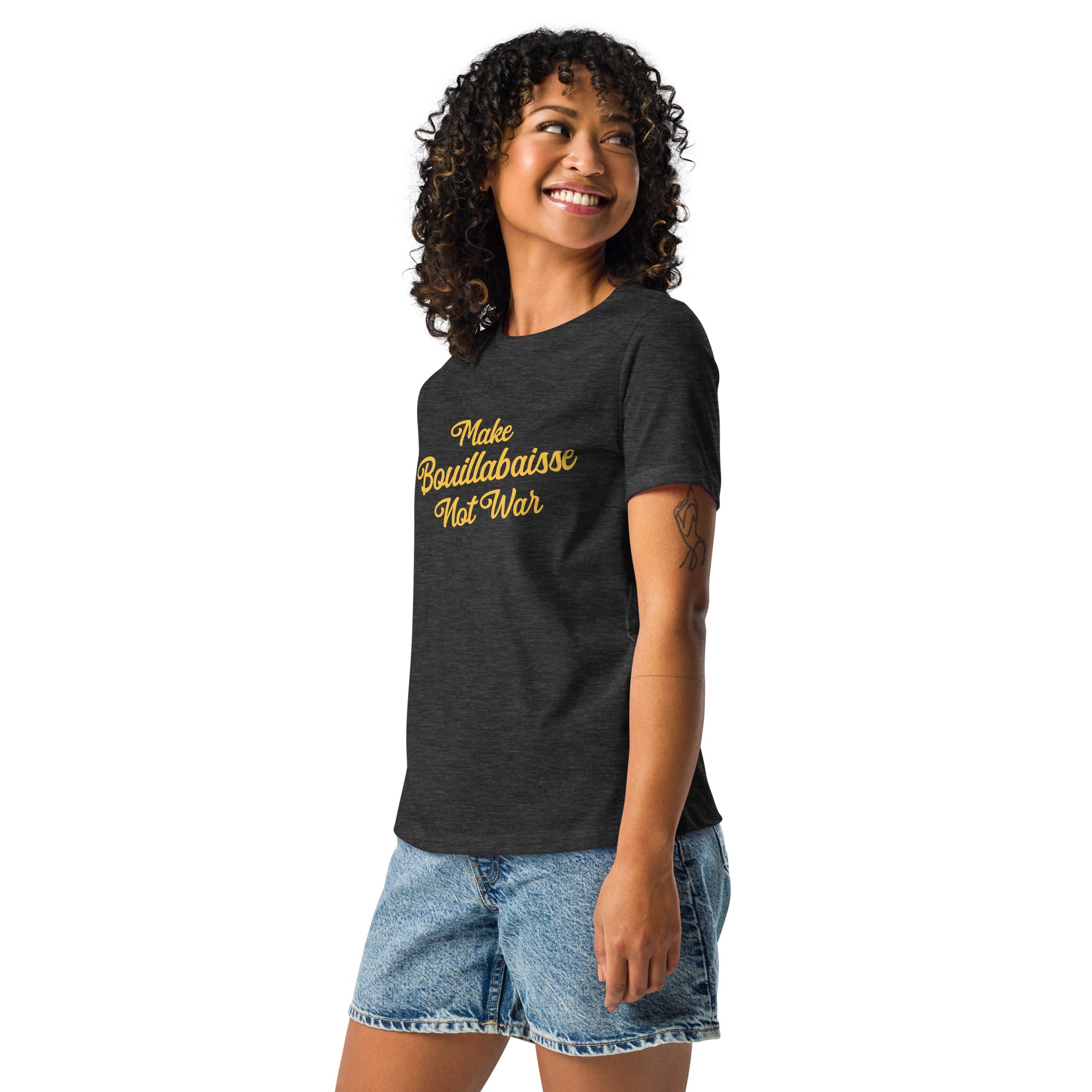 T-shirt décontracté pour Femme Make Bouillabaisse Not War grand motif imprimé