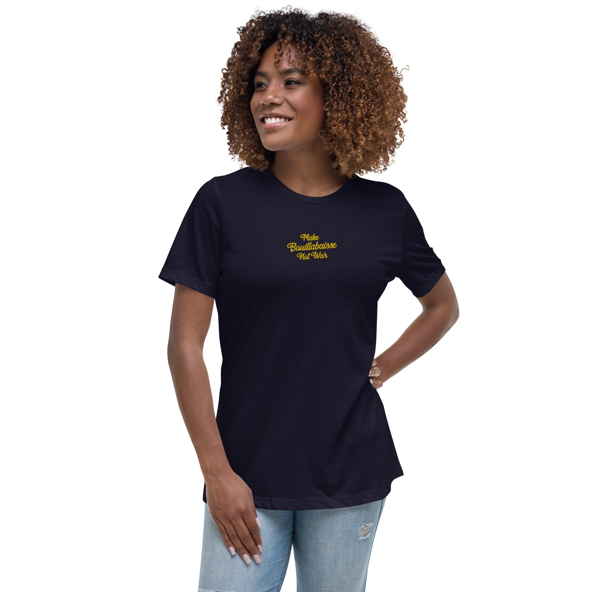 T-shirt décontracté pour femme Make Bouillabaisse Not War brodé