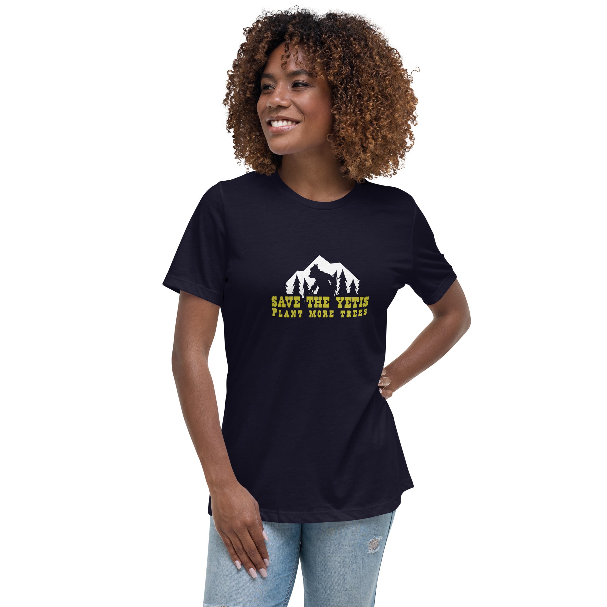 T-shirt décontracté pour femme Save the Yetis Plant more Trees sur couleurs foncées