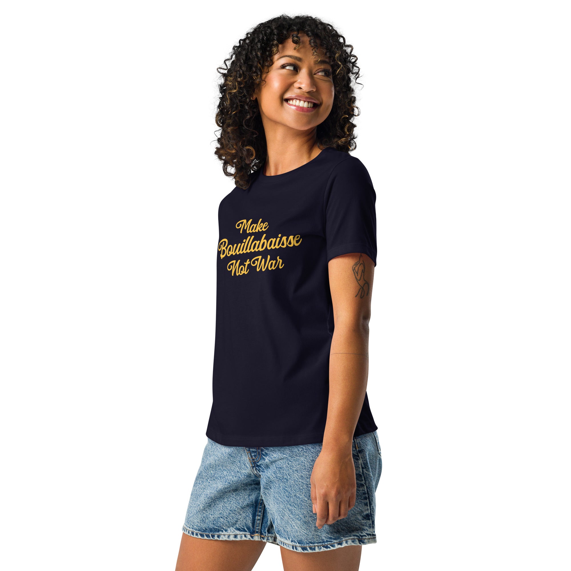 T-shirt décontracté pour Femme Make Bouillabaisse Not War grand motif imprimé