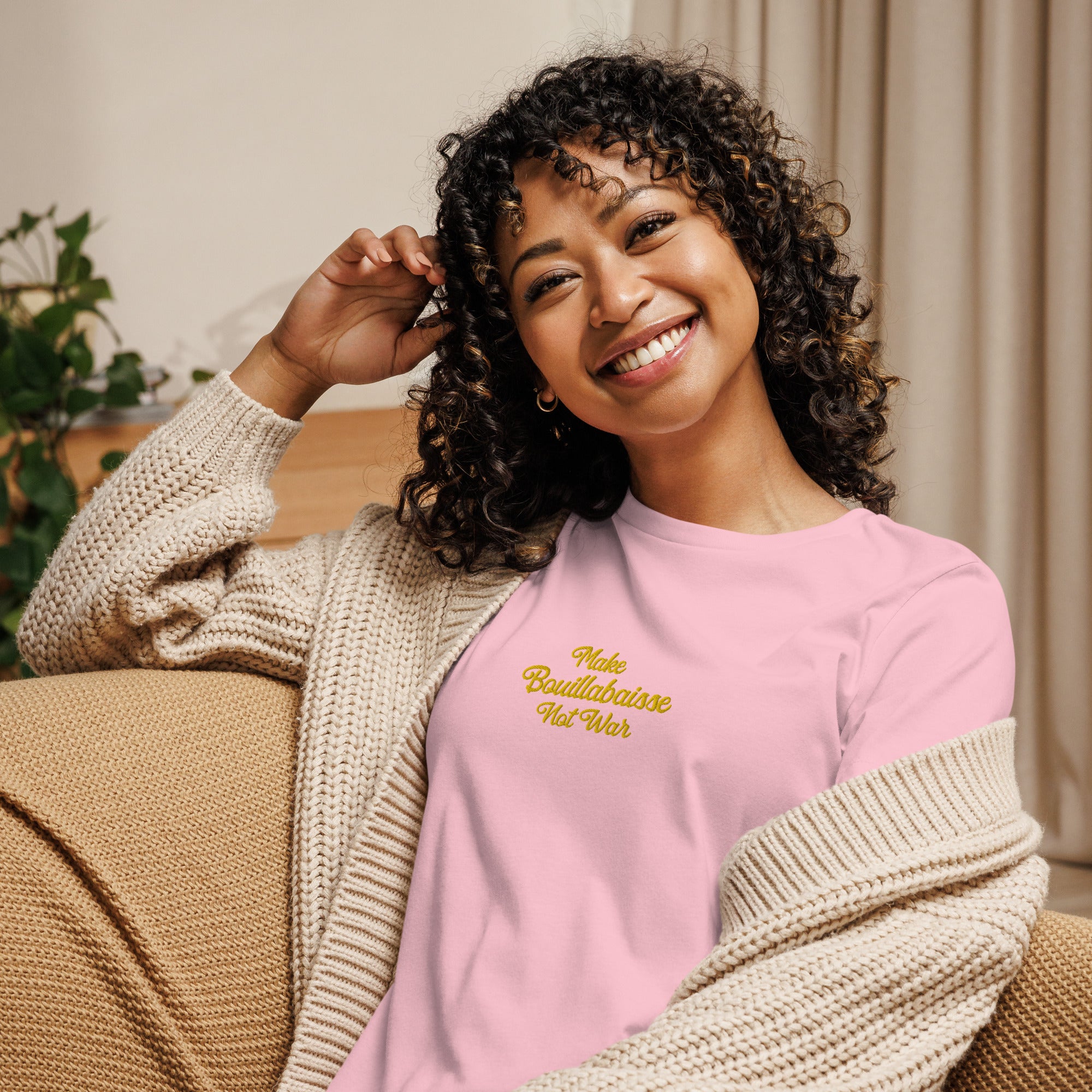 Women's Relaxed T-Shirt Make Bouillabaisse Not War embroidered pattern