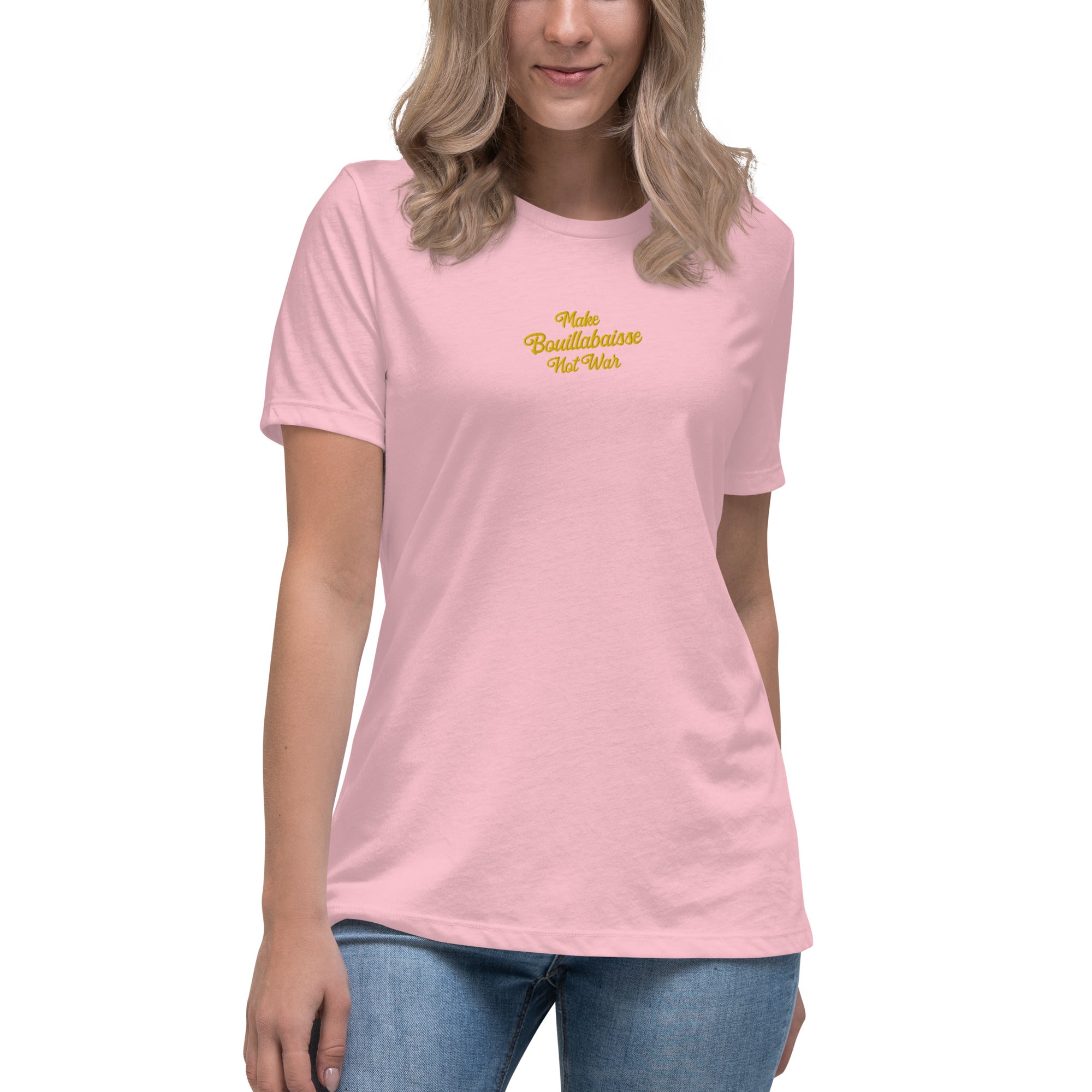 T-shirt décontracté pour femme Make Bouillabaisse Not War brodé