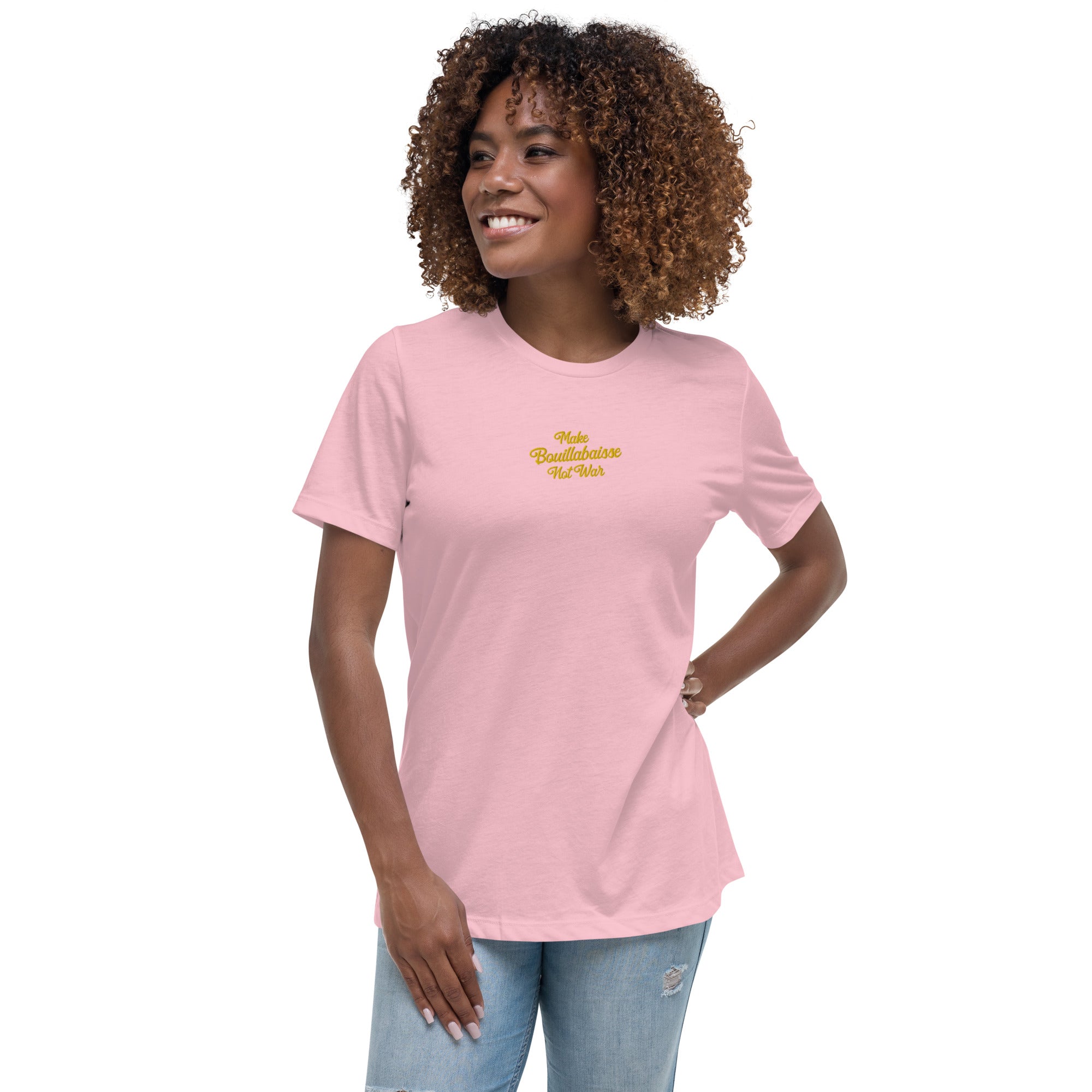 T-shirt décontracté pour femme Make Bouillabaisse Not War brodé