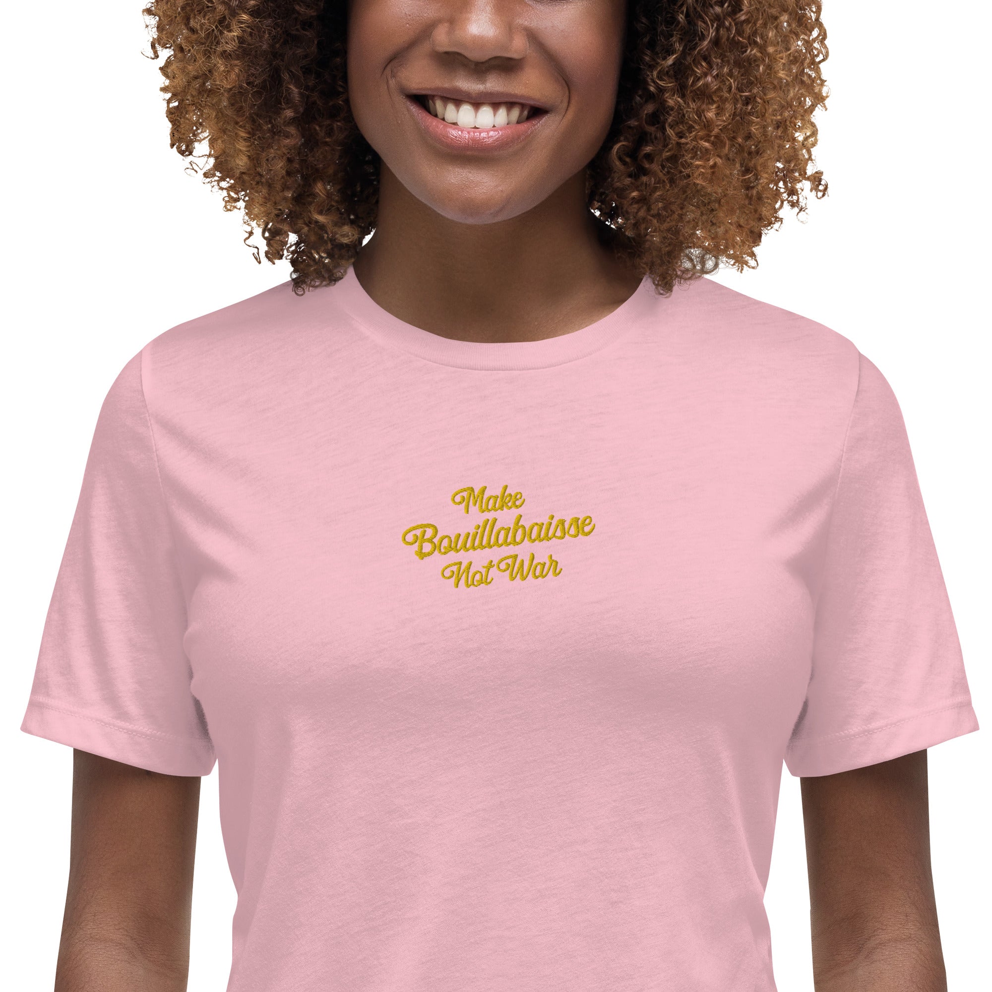 T-shirt décontracté pour femme Make Bouillabaisse Not War brodé