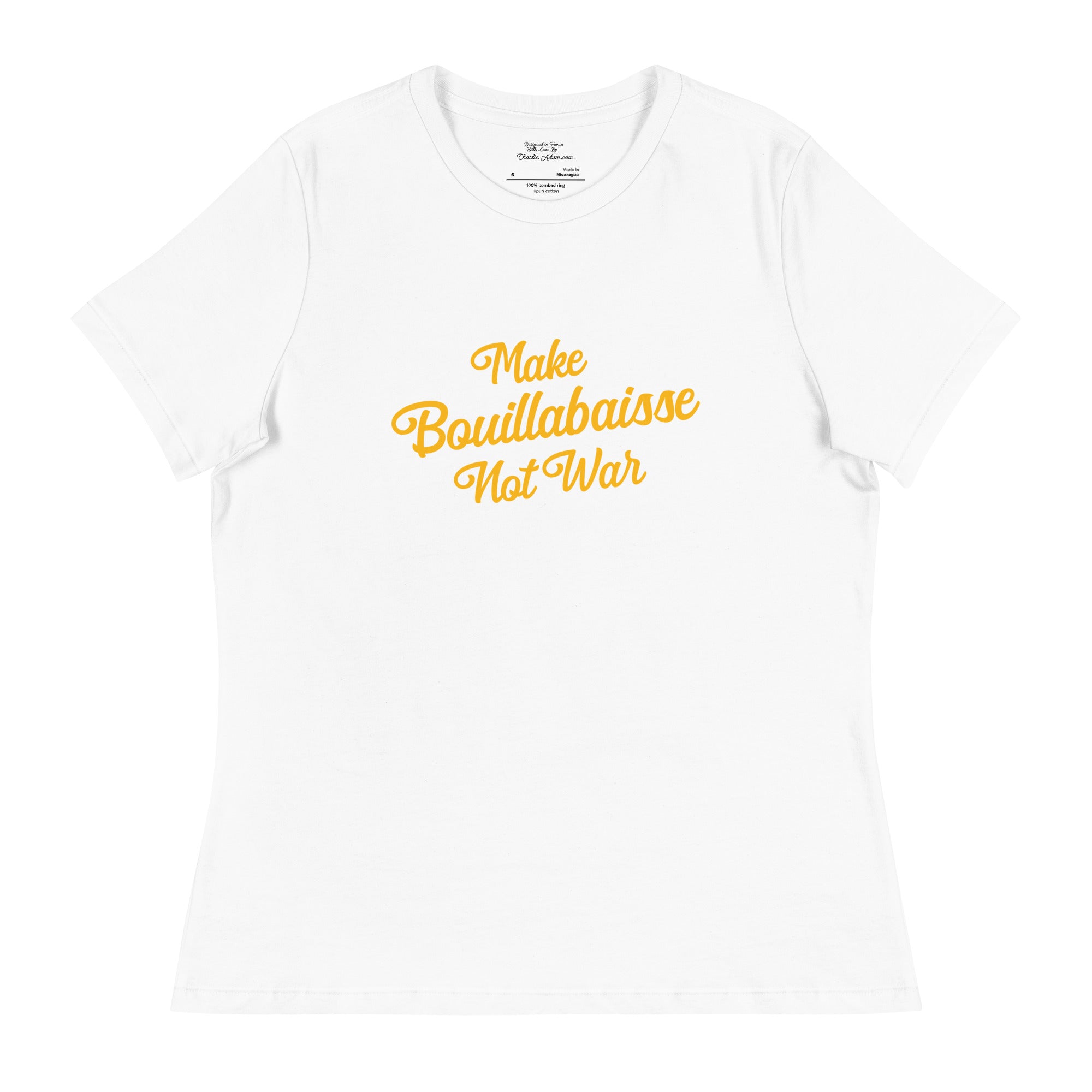 T-shirt décontracté pour Femme Make Bouillabaisse Not War grand motif imprimé