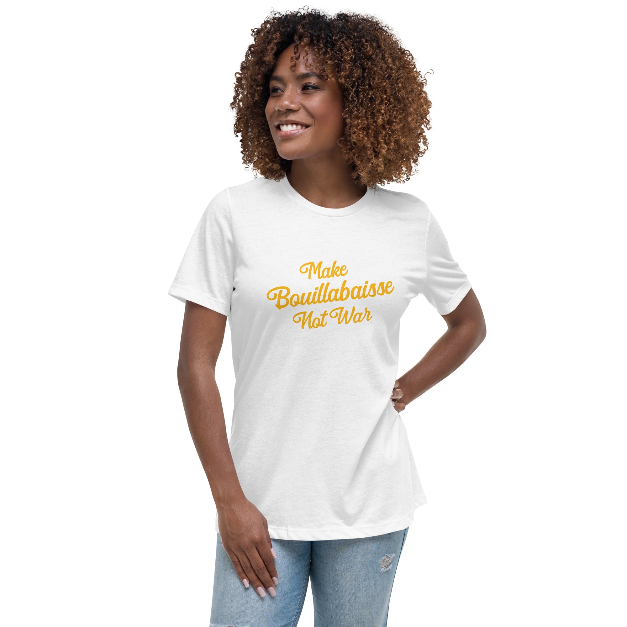 T-shirt décontracté pour Femme Make Bouillabaisse Not War grand motif imprimé