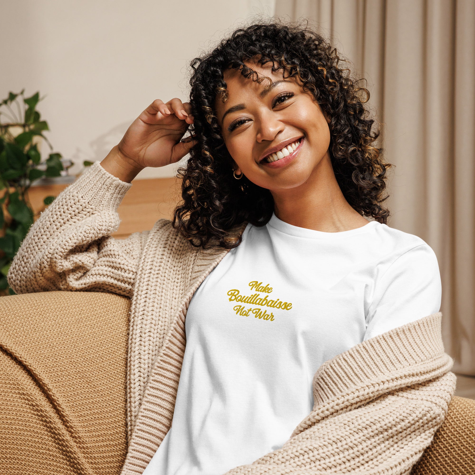 Women's Relaxed T-Shirt Make Bouillabaisse Not War embroidered pattern