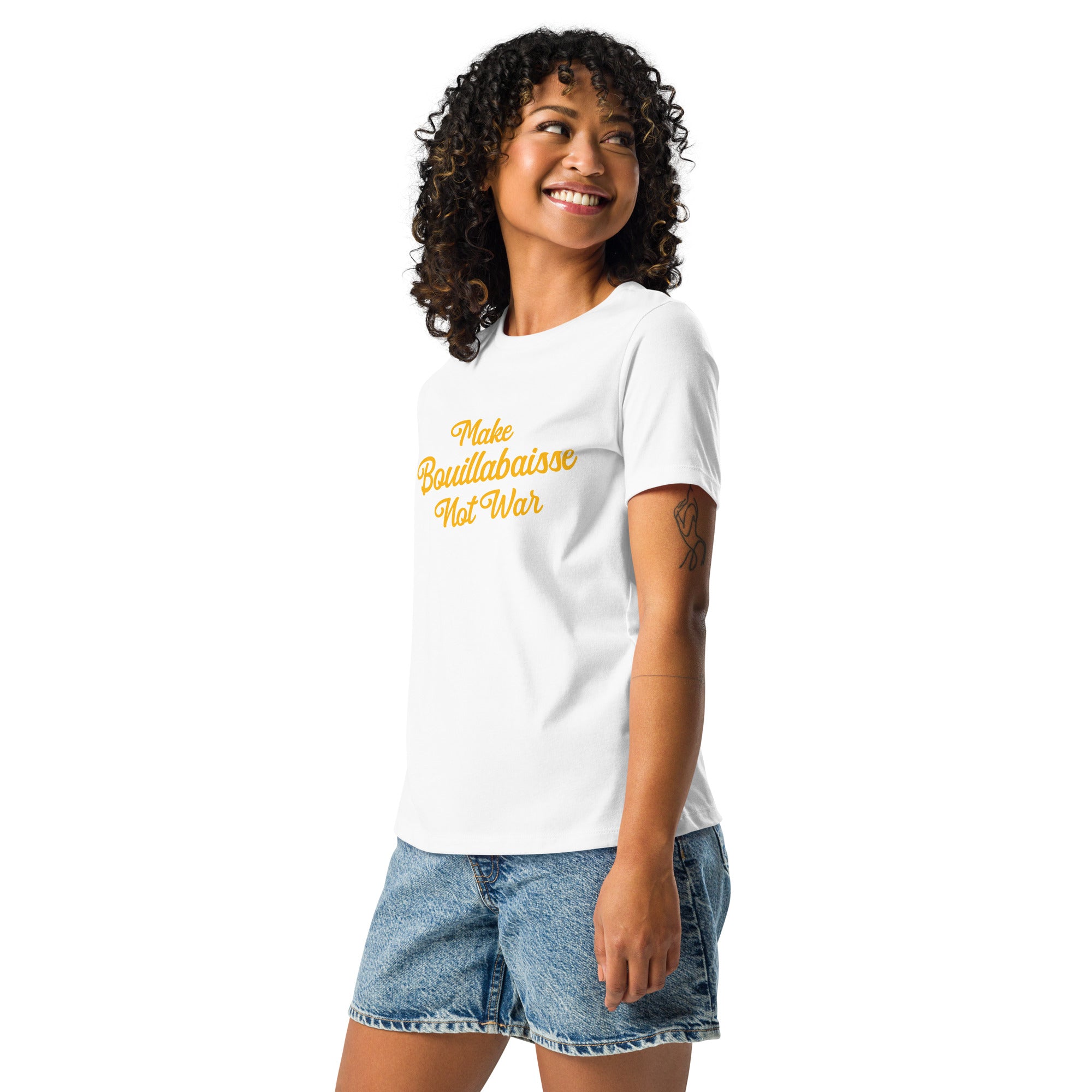 T-shirt décontracté pour Femme Make Bouillabaisse Not War grand motif imprimé